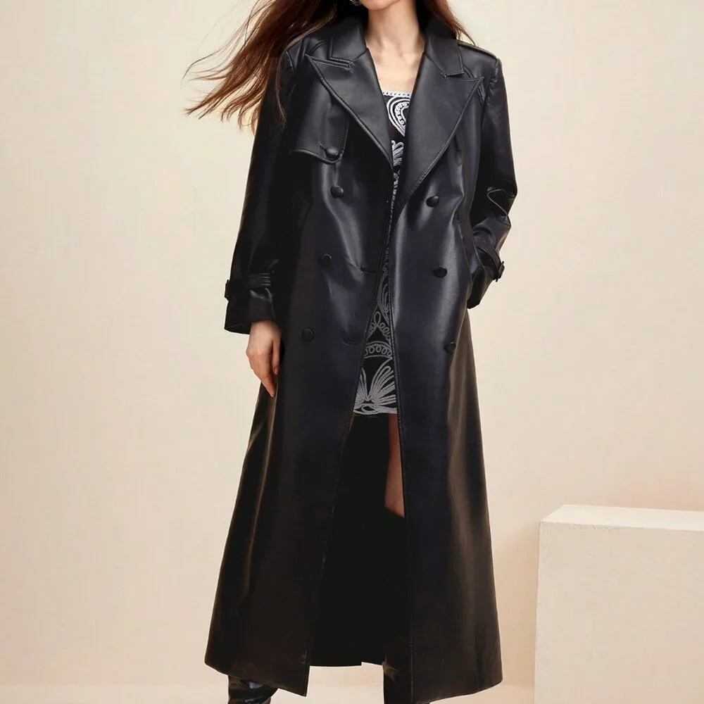Black Elegant Women's faux Leather Jacket Trench Coat Casual Outerwear - Picture 6 of 7